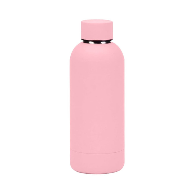 A drink bottle in pastel pink, made of recycled stainless steel with an insulated design and a logo.