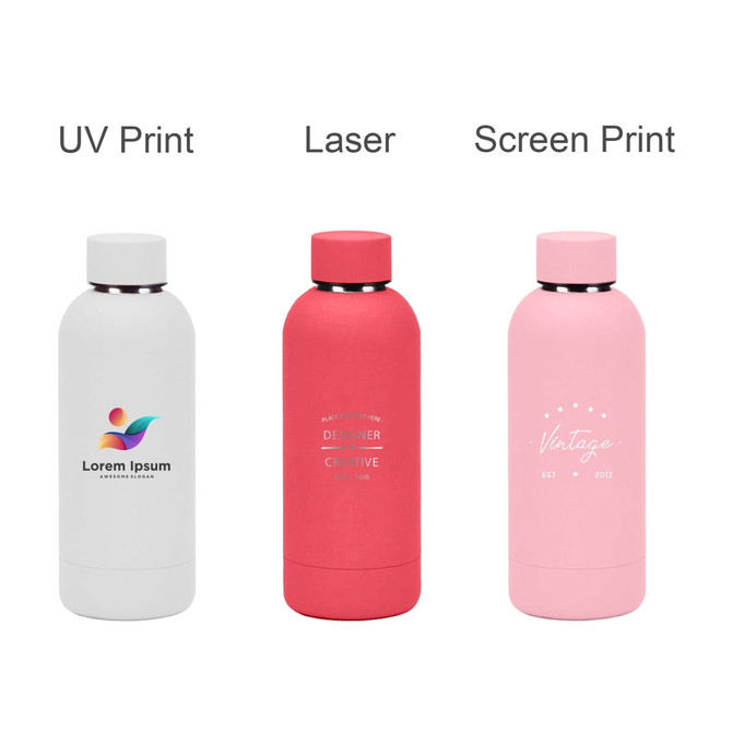 A drink bottle collection featuring a white bottle, a pink bottle, and a light pink bottle, each with a logo.