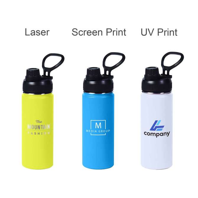 A drink bottle trio in yellow, blue, and white, featuring various printing styles and black carry handles.