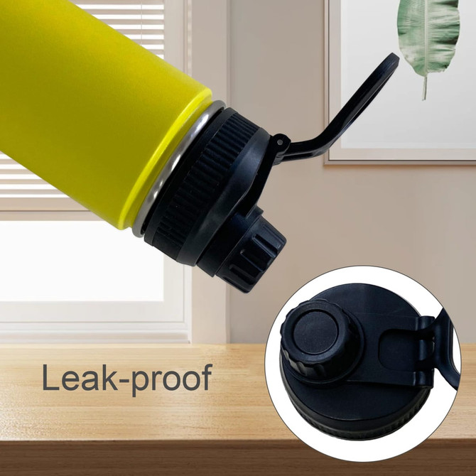 A drink bottle in vibrant yellow with a black lid and carry handle, featuring a leak-proof design.