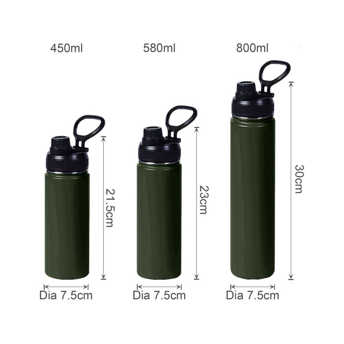 A drink bottle set in olive green, featuring three sizes: 450ml, 580ml, and 800ml, each with a carry handle.