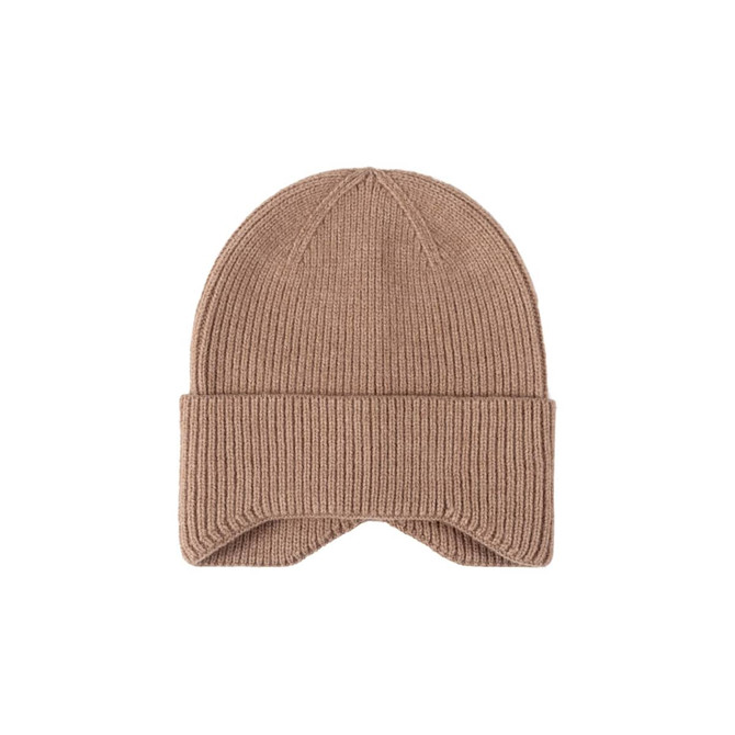 A beige earflap beanie with a ribbed texture and a folded cuff. It features a logo on the side.
