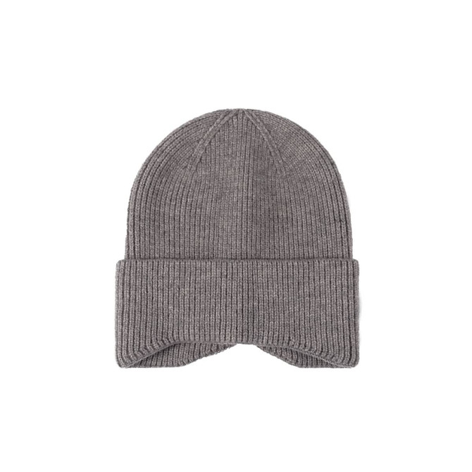 A grey earflap beanie with a ribbed design and a turned-up cuff, featuring a logo.