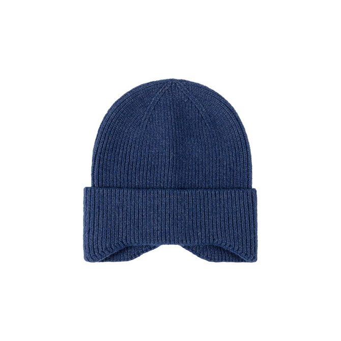 A ribbed earflap beanie in a navy blue colour, featuring a fold-over design. It has a simple logo on the side.