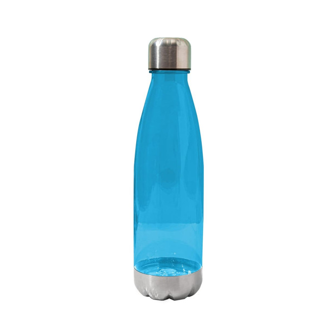 A drink bottle in bright blue with a stainless steel base and top, featuring a sleek, translucent design and a logo.