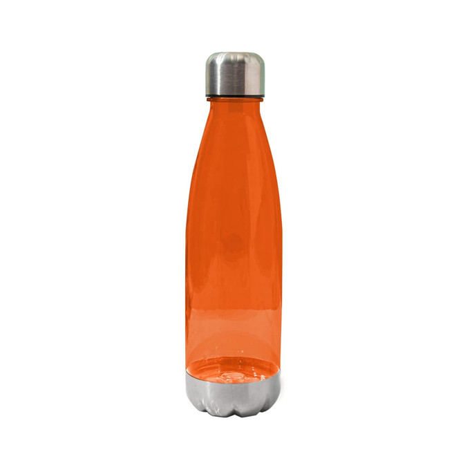 A drink bottle in bright orange with a stainless steel cap and base, featuring a logo on the side.