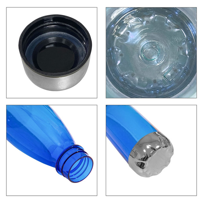 A drink bottle with a translucent blue body and a metal cap, featuring a logo on the bottle.