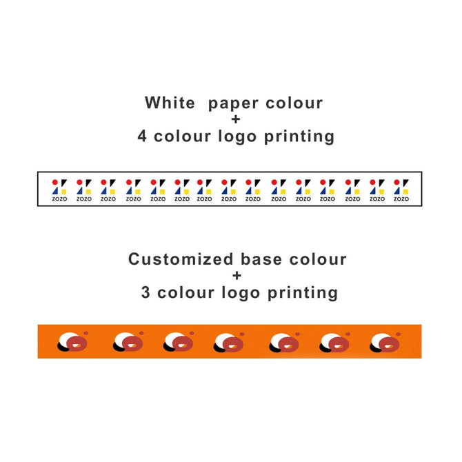 Washi tape in a white and orange design, featuring colourful printed logos. Includes two styles of tape.