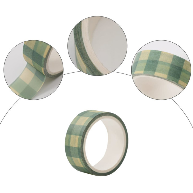 A roll of washi tape featuring a green and yellow checkered pattern. The tape has a white backing and a circular core.