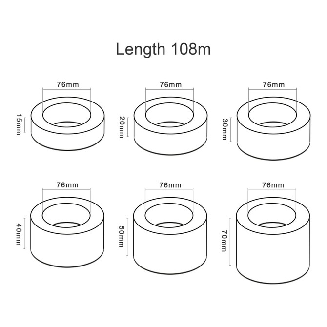 Packaging tape rolls in various widths (15mm, 20mm, 30mm, 40mm, 50mm, 70mm) with a length of 108m each.