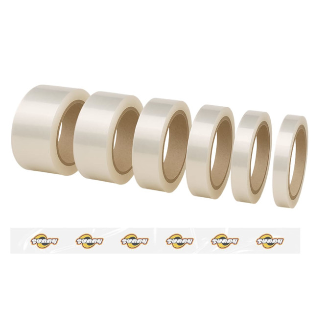 A series of transparent BOPP packaging tape rolls in varying widths, showcasing a smooth, glossy finish.