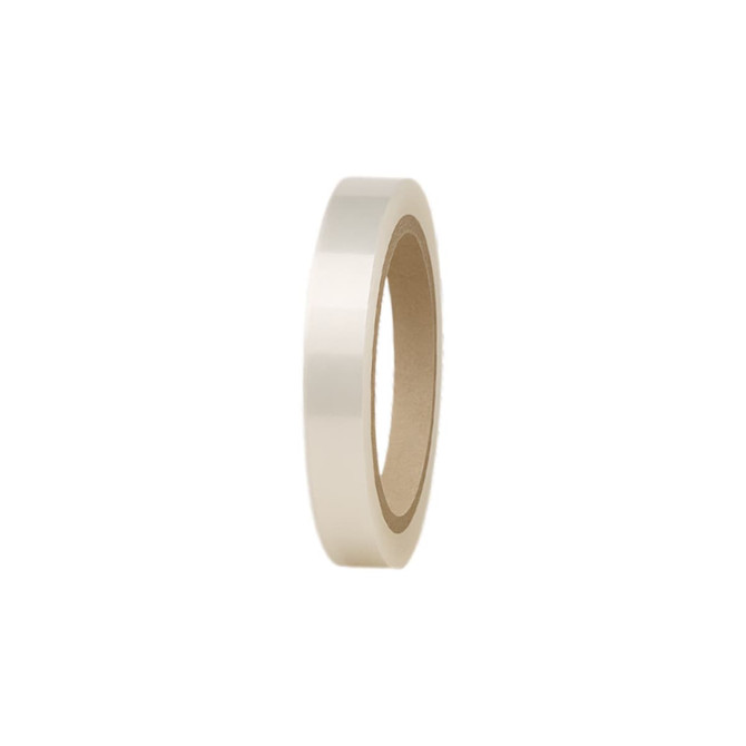 A roll of transparent BOPP packaging tape, displaying a smooth surface and a cardboard core.