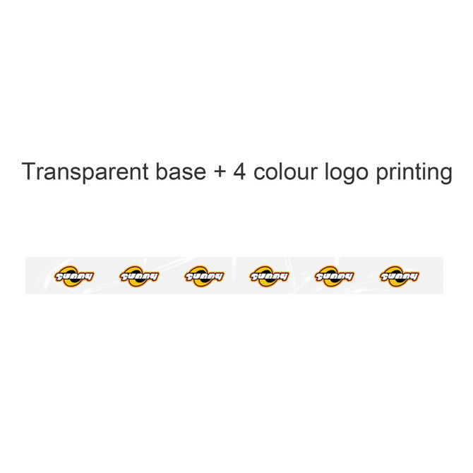 A roll of transparent packaging tape featuring a multi-coloured printed logo along its length.