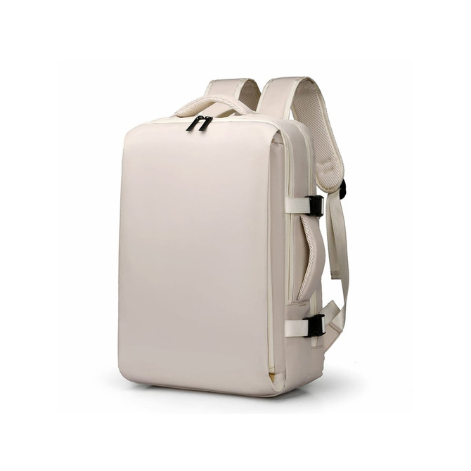 A beige travel backpack with adjustable straps and multiple compartments, featuring a logo.