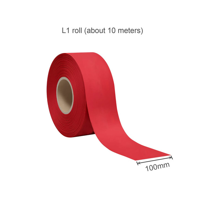 A roll of red ribbon, approximately 10 metres long and 100mm wide, on a cardboard core.