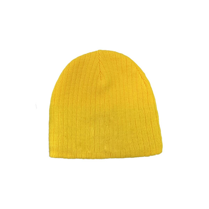 A yellow cable knit beanie with a ribbed texture and a soft finish.