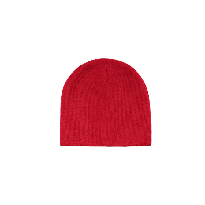 A red beanie with a snug fit and a simple design, featuring a logo on the side.