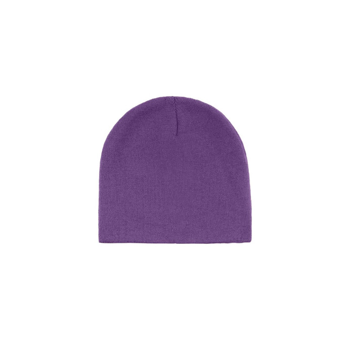 A purple beanie with a simple, classic design and a seamless top. It features a branding logo.