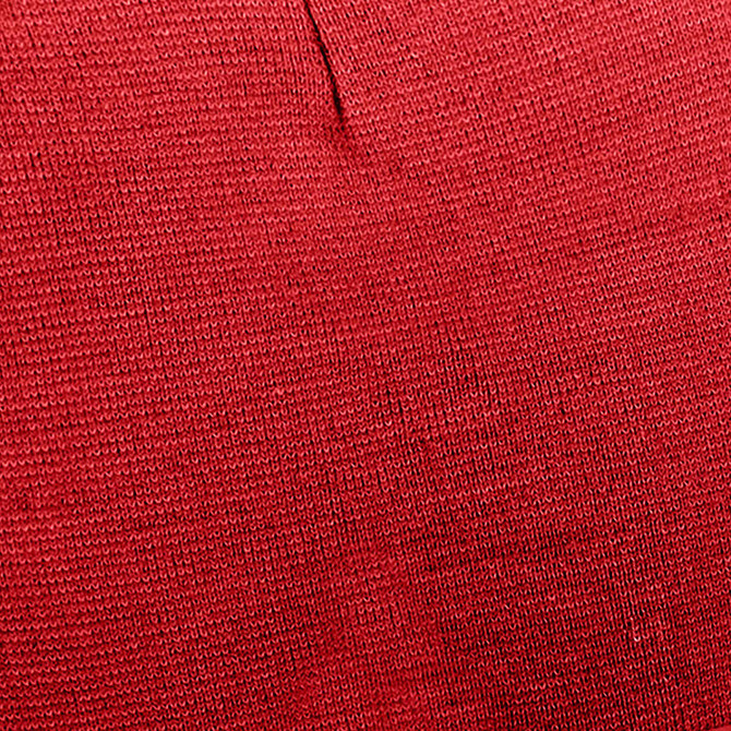 A red textured fabric featuring a knitted pattern, suitable for making beanies. The image includes a branding logo.
