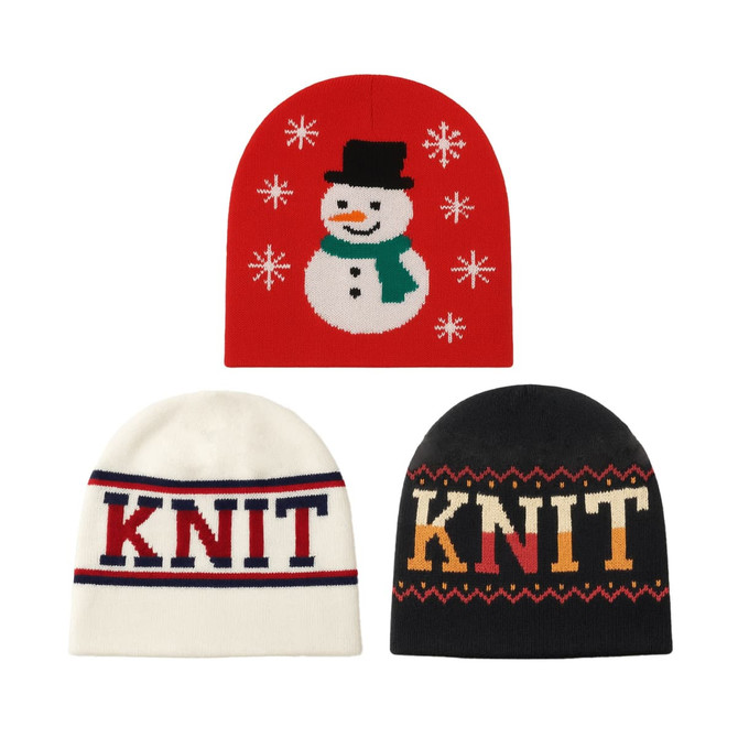 Three beanies in various designs: a red one with a snowman, a cream one with "Knit" text, and a black one with patterned text.