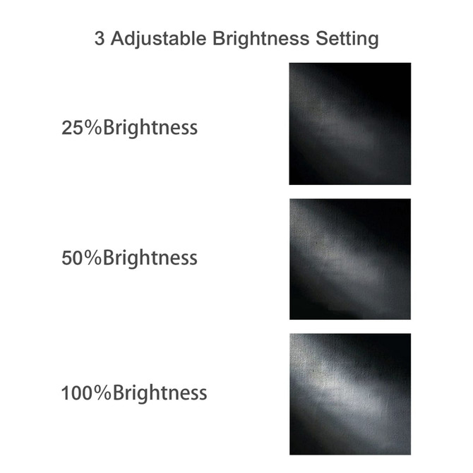 Three panels displaying adjustable brightness settings at 25%, 50%, and 100% levels on a dark background.
