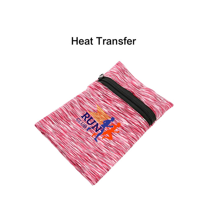 A pink, textured mini wearable wallet with a zip closure and a logo.