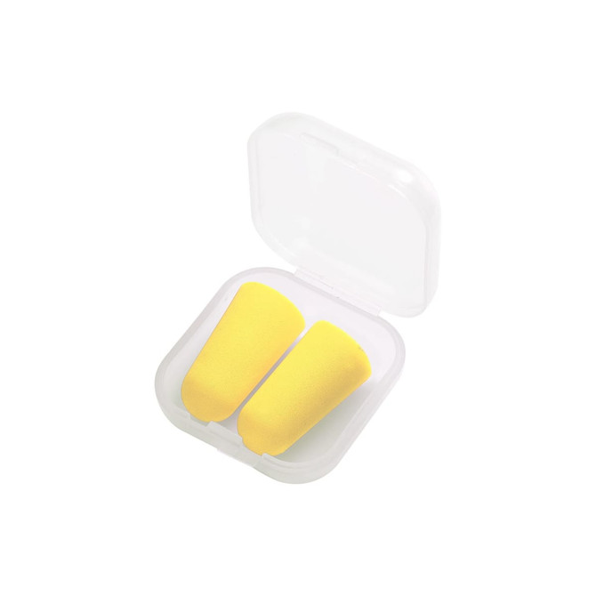 A transparent case containing two yellow ear plugs. The case is open, revealing the ear plugs inside.