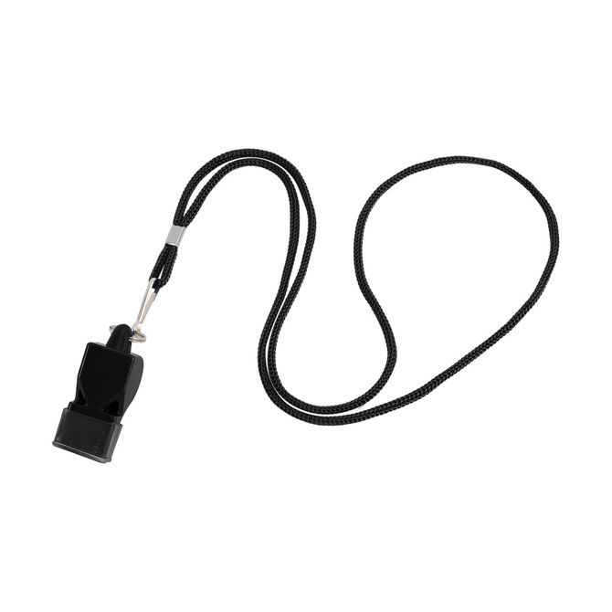 A black plastic whistle with a braided lanyard. The whistle is attached to the lanyard for easy carrying.