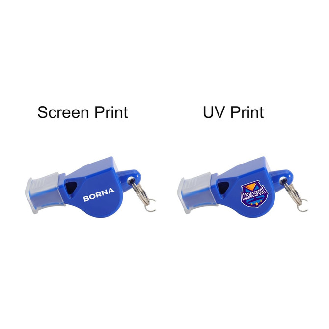 A blue plastic whistle featuring two print designs, one with a logo and one with the name "BORNA."