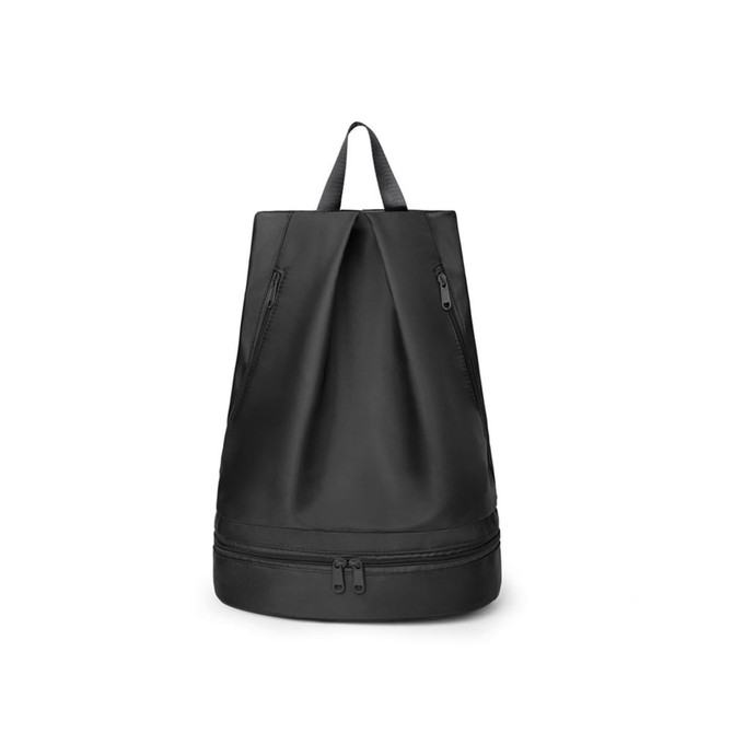 A black wet and dry separation backpack featuring dual zip compartments and a sturdy handle on top.