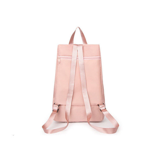 A pink backpack with straps and a handle, featuring a zippered back pocket and a simple design.