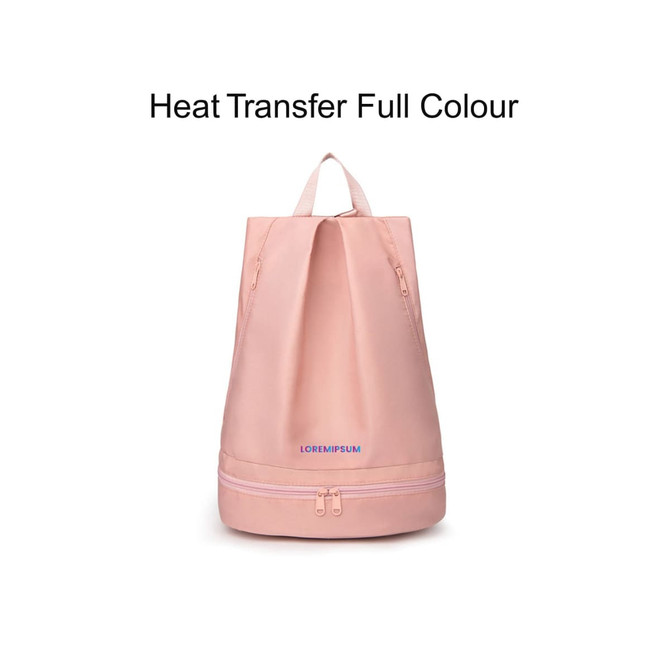 A pink backpack with a handle and zippers, featuring a logo on the front.