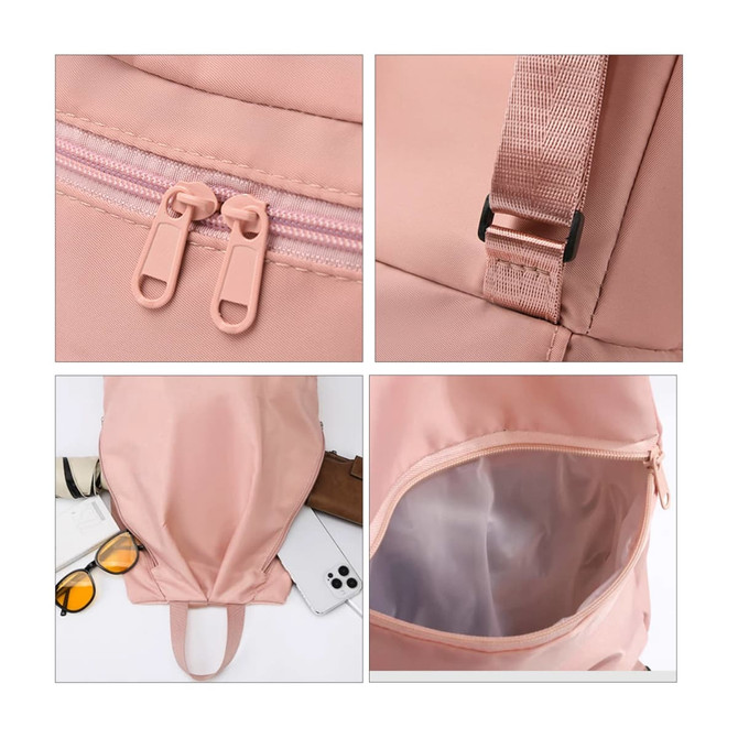 A pink backpack featuring dual zippers, a handle, an adjustable strap, and a transparent compartment.