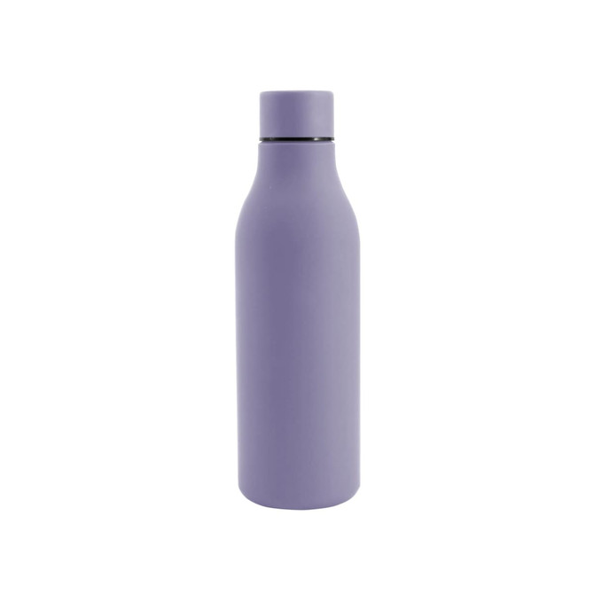 A drink bottle in lavender, featuring a sleek thermal rubber coating and a logo on the side.