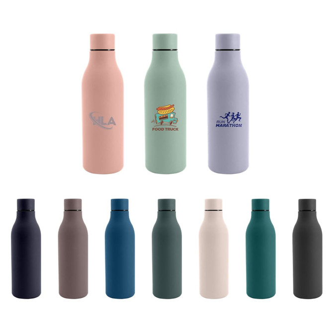 A drink bottle collection featuring various colours: pink, green, purple, beige, blue, brown, and black. Each has a logo.