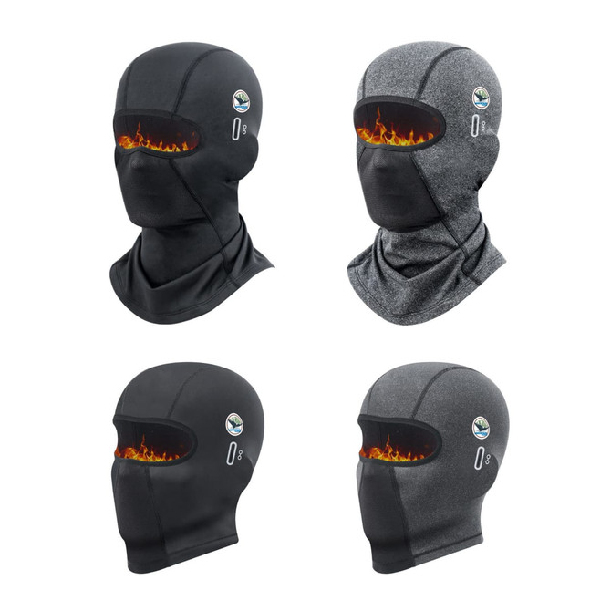 A set of four Winter Balaclava Cycling Face Masks in black and grey, featuring a flame design on the face area and a logo.
