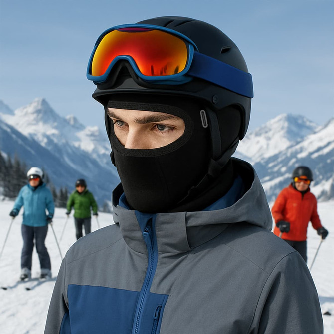 A black balaclava cycling face mask worn by a person in winter gear, with a helmet and goggles against a snowy mountain backdrop.