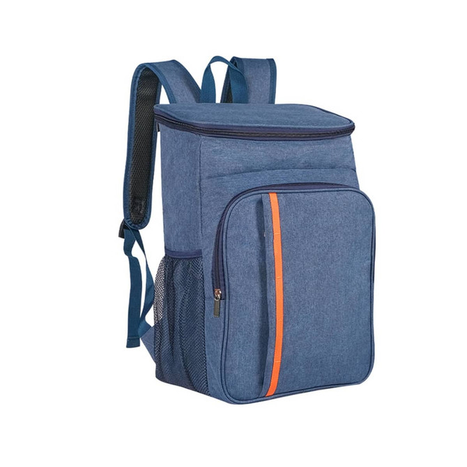 A large capacity cooler backpack in denim blue with an orange stripe and mesh side pockets. It features adjustable straps.