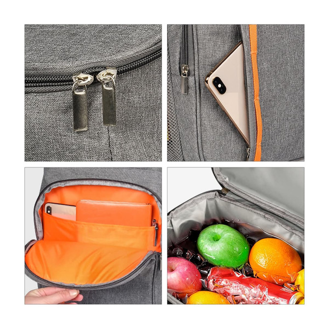 A large grey cooler backpack with an orange interior, containing fruits and a pocket for a phone and tablet.