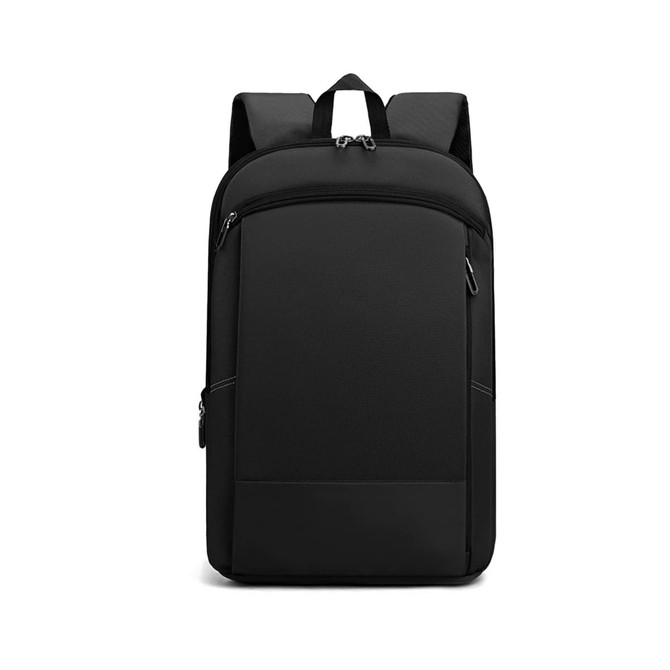 A black expandable laptop backpack with a smooth design and zippers, featuring two adjustable straps and a logo.