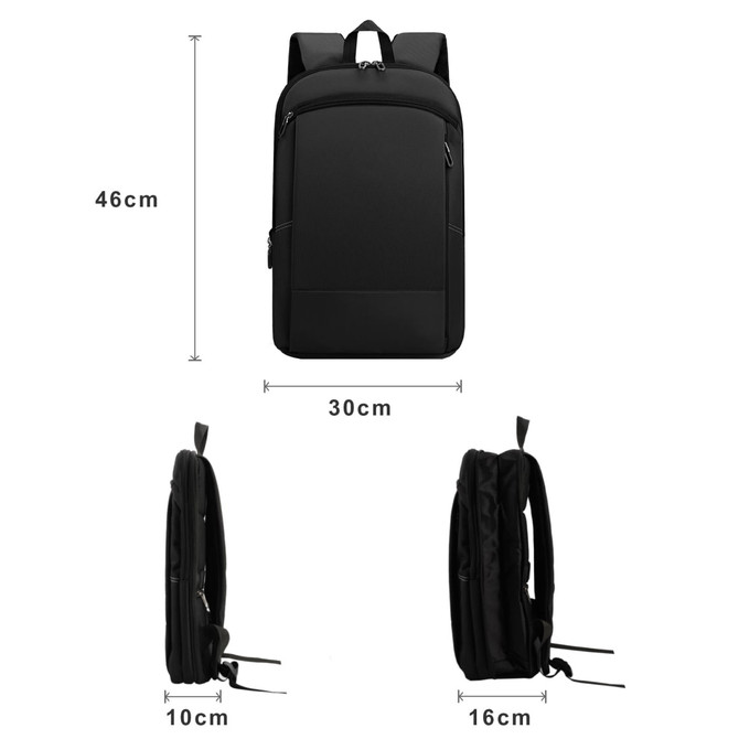 A black expandable laptop backpack displayed from the front, side, and in dimensions. It features adjustable straps and a logo.
