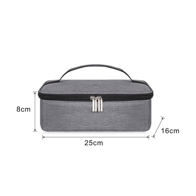 A portable thermal insulated lunch bag in grey with a zip closure and handle, measuring 25cm x 16cm x 8cm.