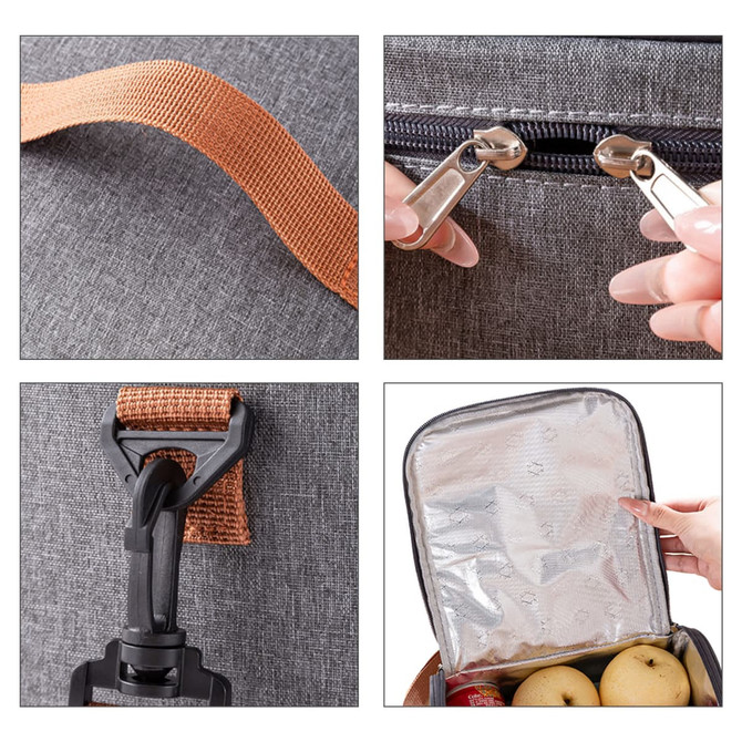 A grey customizable lunch bag with a brown strap, silver zippers, and an insulated interior.