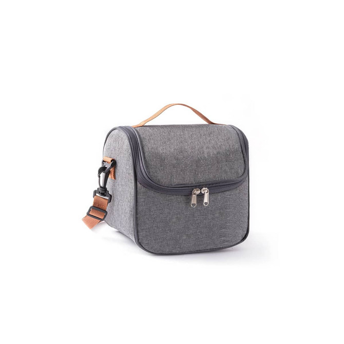 A grey customizable lunch bag with a brown handle and a zipper closure, featuring an adjustable strap.
