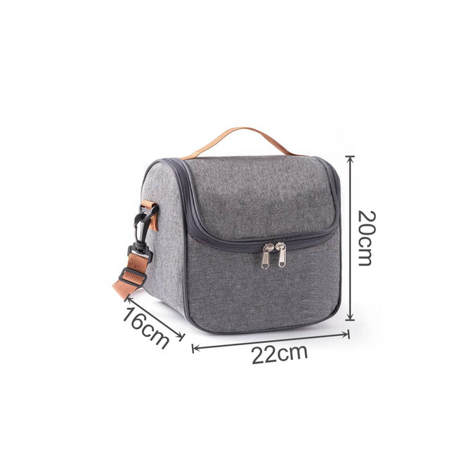 A grey customizable lunch bag with a zip closure and adjustable strap, featuring measurement dimensions.