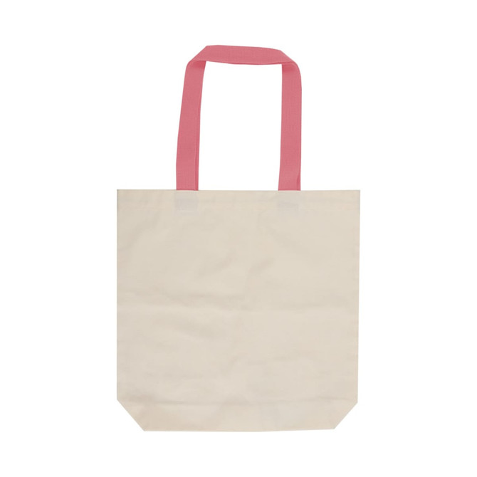 A cream canvas tote bag with pink handles, featuring a logo on one side.