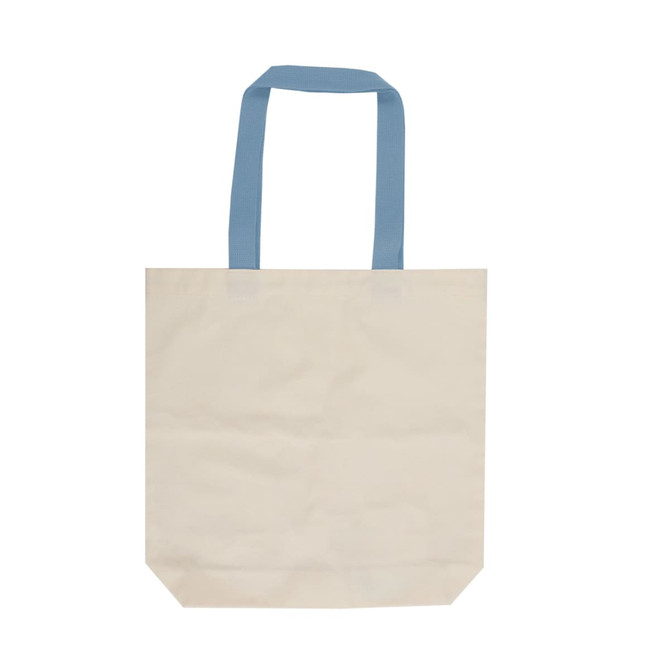 A beige canvas tote bag with blue handles and a simple design, featuring a logo.