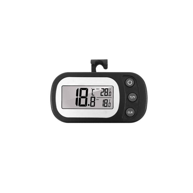 A black and silver ambient thermometer with a digital display showing temperature readings and a hanging hook.