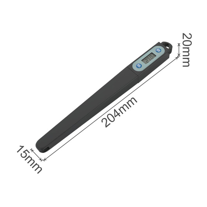 A black instant read meat thermometer with a long probe and a digital display, featuring dimensions noted in the image.