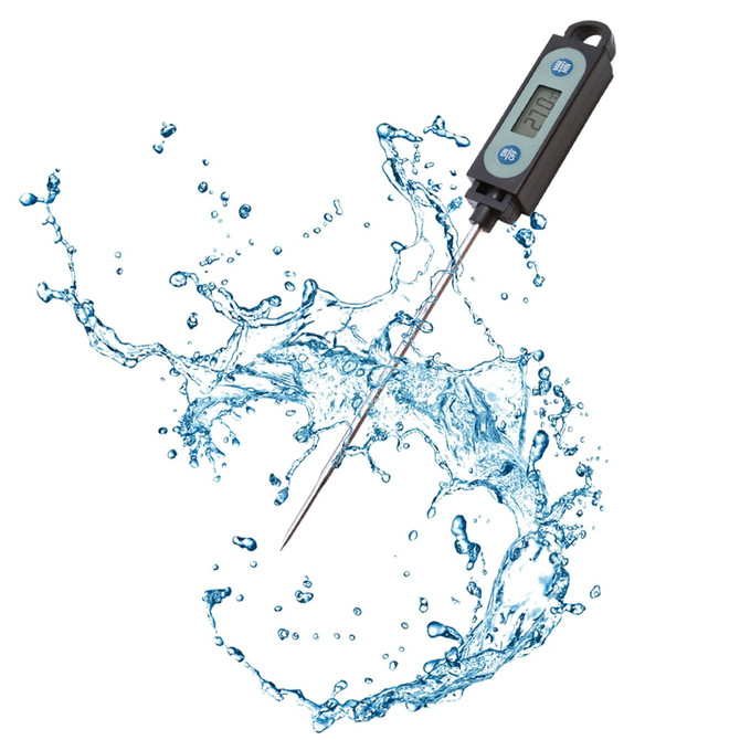 A digital meat thermometer with a long stainless steel probe, featuring a black casing and a splash of water.